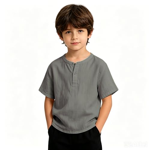 Camisa de lino para niños y niñas, manga corta, camisa Henley, camisa con bolsillo en el pecho, camisa de verano para niños, algodón y lino, camiseta ligera transpirable con botones, camisa de ocio