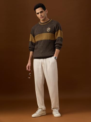Image of The Souled Store Harry Potter: Lion's House Men and Boys Full Sleeves Crew Neck Striped Acrylic Ribbed Knit Pop-Culture Oversized Pullovers