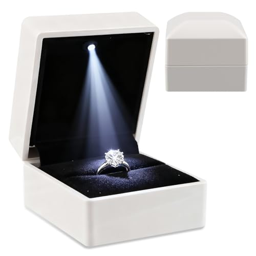 Ring Box with LED Light Ring Earring Case for Jewelry Display Gift Luxury Auto Lighted Up for Proposal Wedding Engagement Anniversary Couple for Ring up to 2.3 cm (White, Square 6× 6.5 ×5 cm)