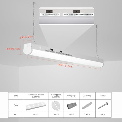 4FT LED Shop Light, 5 Power(30W-70W)& 6CCT(3000K-6500K) All in 1, 4 Foot Linear Lights Fixture, Up to 10500 LM Super Bright & Energy Save, LED Shop Lights for Workshop 4FT, DLC ETL Listed (6 PCS) by SEMSMOKS - Used condition - Image 5