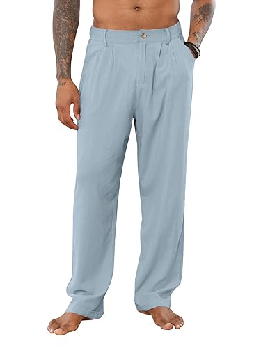 PASLTER Mens Casual Cotton Linen Pants Loose Fit Elastic Waist Yoga Beach Trousers with Pockets