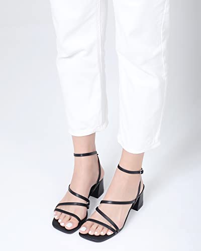 Image of Shoe'N Tale Strappy Heels for Women Low Chunky Block Heel Dress Shoes Square Open Toe Ankle Strap Heeled Sandals