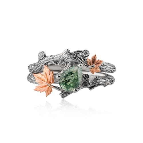 Luyona Natural Moss Agate Ring for Women 925 Sterling Silver Green Agate Promise Ring with Vine Leaf Engagement Wedding Jewelry Gift for Women Free Engraving-C7.5