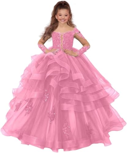 Girl’s Long Sleeve Flower Girl Dress Princess Ruffles Pageant Dresses Tulle Lace Tiered Kids Party Prom Ball Gown