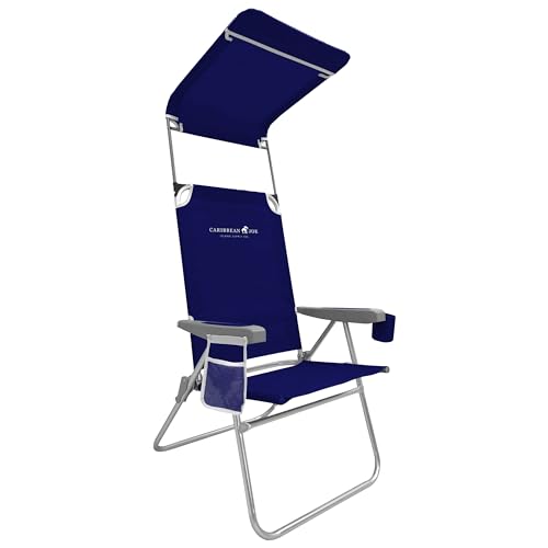Caribbean Joe Folding Beach Chair 1 Position High Back Outdoor Camping Chair with Canopy Lightweight and Portable Navy