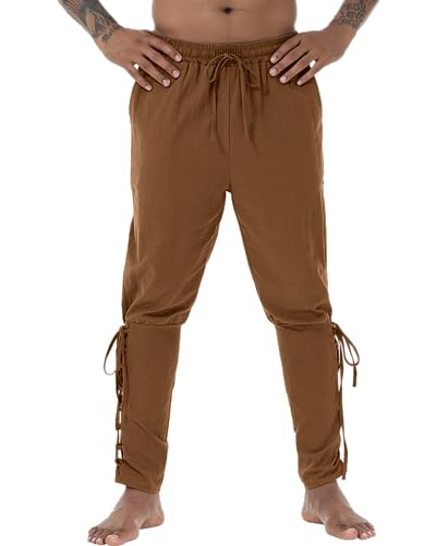 NANAMEEI Pantalon Medieval Homme en Lin Médiéval Pantalon Leger Ete Homme Taille Elastique Casual Pirate Viking Pants Men Brun L