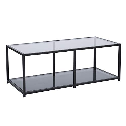 HOMYCASA Mesa de café rectangular de cristal transparente, 2 niveles, mesa auxiliar moderna con estante inferior para muebles de salón (gris ahumado) Cover