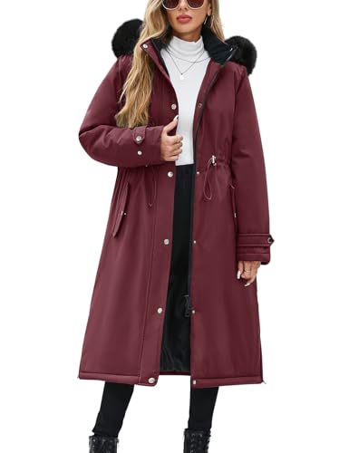 Yuson Girl Cappotto Donna Invernale Lungo Foderato Giubbotto in Pile Caldo Ispessito Cappotto Autunno Invernali Antivento Giacca Imbottito Elegante Parka con Cappuccio e Coulisse(Bordeaux, L)
