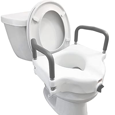 Carex 4.5 Inch Raised Toilet Seat with Arms - For Elongated and Round Toilets, Elevated Toilet Riser with Removable Padded Handles, Easy On and Off, 300 lb Weight Capacity, White