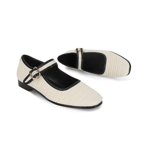 Image of DOEYG Raffia Mary Jane Ballet Flats for Women Square Toe Buckle Strap Ballerina Flats Comfortable Dress Shoes