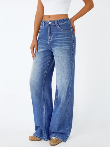 Trendy Queen Women's High Waisted Straight Wide Leg Jeans, Comfort Stretch Baggy Denim Pants Blue 6