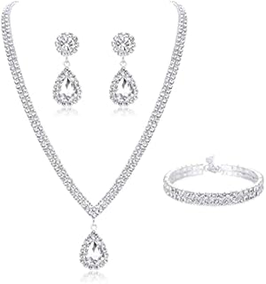 CASSIECA Bridal Jewelry Set for Wedding Simple Necklace Teardrop Dangle Earrings Bracelets Crystal Prom Bridal Bridesmaid Tennis Jewelry Set