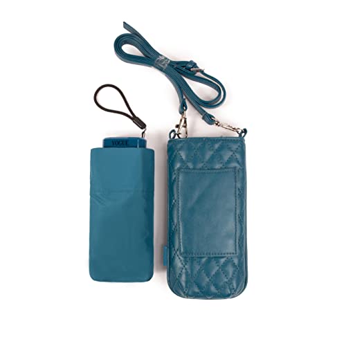 VOGUE Paraguas micromini plegable mujer elegante, fino y ultra ligero. Con bolsito smartphone. Ideal para regalo. Sistema Anti-viento (Wind Proof), Protección Solar UV. Apertura manual. (Azul)