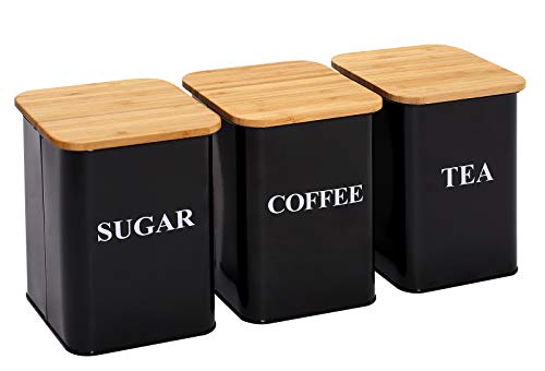 Xbopetda 3 Piece Kitchen Canister Set Kitchen Storage Tin for SugerCoffeeTea Home Storage Jars with Wooden Lids Kitchen Countertop Space-Saving-Black