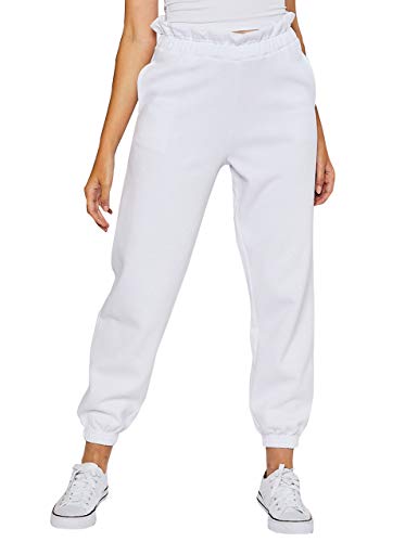 esstive Women\'s Ultra Soft Fleece Basic Midweight Casual Paper Bag Waist Band High Rise Joggers, White, Small