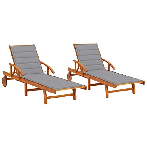 Runheo Hamacas de 2 piezas de madera maciza de acacia con cojines grises, ajustables con respaldo y reposapiés, plegables y resistentes a la intemperie, con ruedas para terraza, jardín