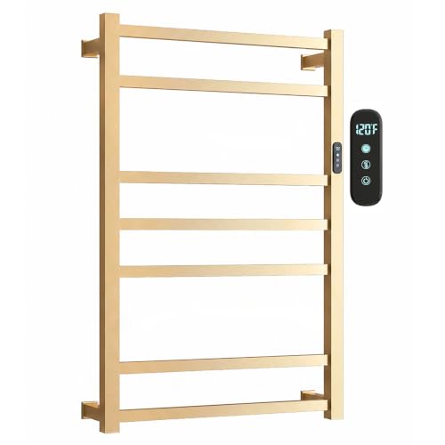 Alltiett 7 Bar Luxury Heated Towel Rack for Bathroom, Wall Mounted Electric Towel Warmer Rack with Timer & Temperature Control, Stainless Steel Towel Heater for Bathroom(Brushed Gold)