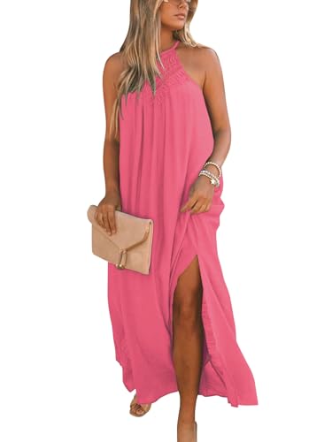 Image of FARORO Sleeveless Long Dress for Women Boho Halter Maxi Sundress Casual Loose Dresses Split Cover Up Gown with Pockets