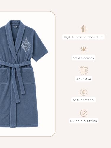 Image of RANGOLI Royal Bamboo Premium Bathrobe For Women | Ultra Soft Bamboo Yarn Lightweight Bathing Robes | 460 GSM Highly Absorbent & Quick Drying Luxurious Bath Gown | Knee Length Bath Robe-Blue