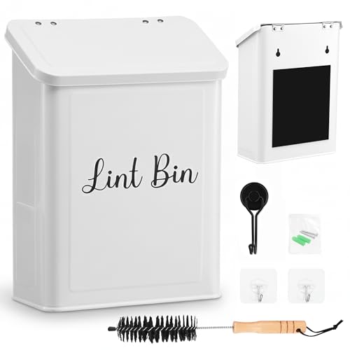 TIRIA Magnetic Lint Bin for Laundry Room Metal Dryer Lint Trash Can Box with Lid Wall Mounted Lint Collector Includes Strong Nylon Brush Iron Black Magnetic Hook and Adhesive Hooks Space Saving 5L