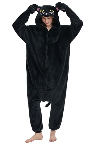 SAMGU Black Cat Onesie Costume Adult Flannel Halloween Party Cosplay Suit One Piece Pajamas