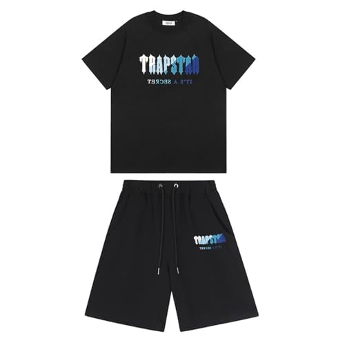 Traje Deportivo Trapstar Hombre Conjunto De Chándal De Manga Corta Para, Traje De Jogging Trapstar Con Logotipo Bordado Para Niños Y Jóvenes, Casual Short-Sleeved Top And Shorts Set(Color:Black 1,Tama
