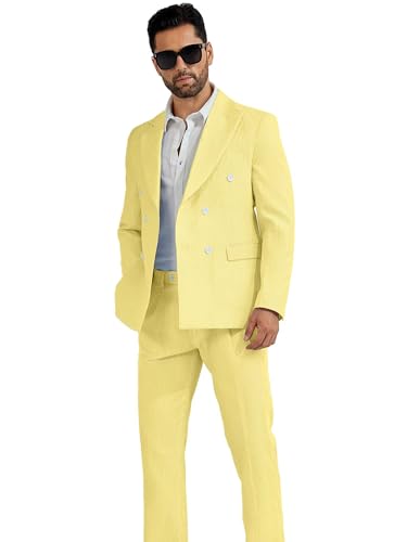 High-End Suits Men's Seersucker Suits 2 Piece Casual Summer Beach Wedding Prom Suit Yellow Prom Striped Blazer Pants Set L3