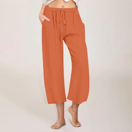 Cotton Linen Pants for Women 2025 Wide Leg Cropped Lounge Trousers Drawstring Elastic Waist Summer Capri Pant2