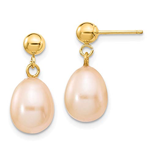14k Yellow Gold 9mm Pink Rice Freshwater Cultured Pearl Drop Dangle Chandelier Post Stud Earrings Fine Jewelry For Women Gifts For Her