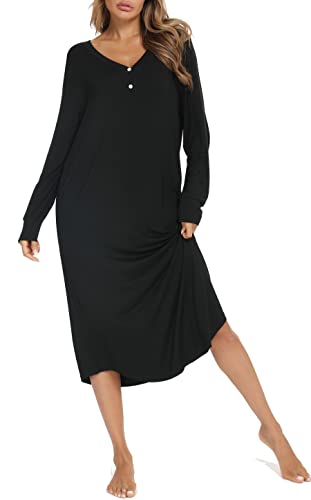 Vlazom Nachthemd Damen Langarm Schlafkleid V-Ausschcnitt Weich...