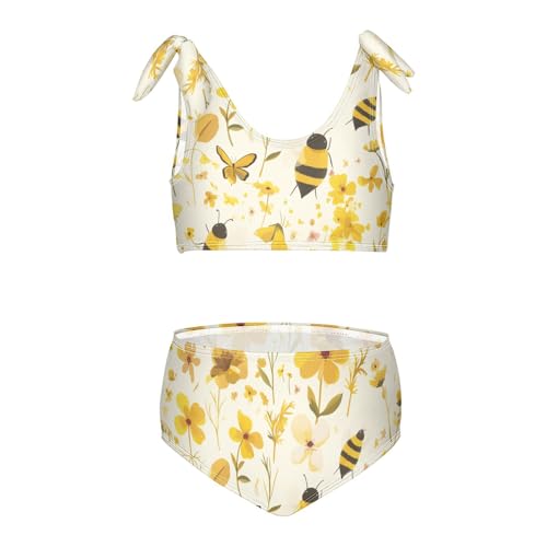 KLL Embroidery Bee Butterfly Flowers Watercolor Girls Two Piece Bikini Sets Quick-Dry Swimming Swimwear Bathing Suit