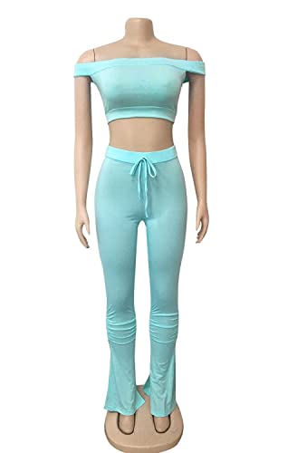Womens Sexy 2 Piece Club Outfit - Solid Tube Crop Tops Ruffle Split Bodycon Pants Clubwear Tracksuit Set Blue S #TOP3