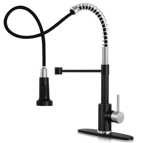 DJS Kitchen Faucets with Pull Down Sprayer Matte Black & Brushed Nickel - Single Handle 1 or 3 Holes Spring Kitchen Sink Faucet with Deck Plate for Farmhouse RV Vessel Basin