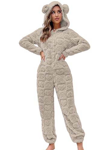 chouyatou Women's Furry Sherpa Onesie Pajamas Lounge Heart Jacquard One Piece Romper Cute Ear Hood Jumpsuit (Small, Khaki)