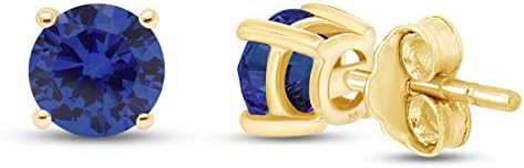 Simulated Blue Sapphire Round Shape Stud Earrings In 14K Yellow Gold Over Sterling Silver (0.5 Ct)