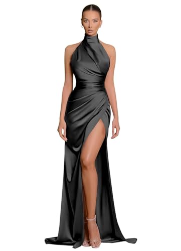 Halter Satin Bridesmaid Dresses Long Mermaid Prom Dress for Women Formal Party Evening Gown with Slit BD1