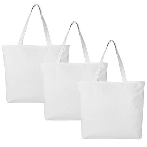 BagzDepot Canvas Tote Bag with Zipper - 3 Pack - Bulk Canvas Bags for Crafts, Groceries, Large Canvas Tote Bag for Women, Men, Kids, Teachers - Canvas Beach Tote Bag - (White Tote Bags)