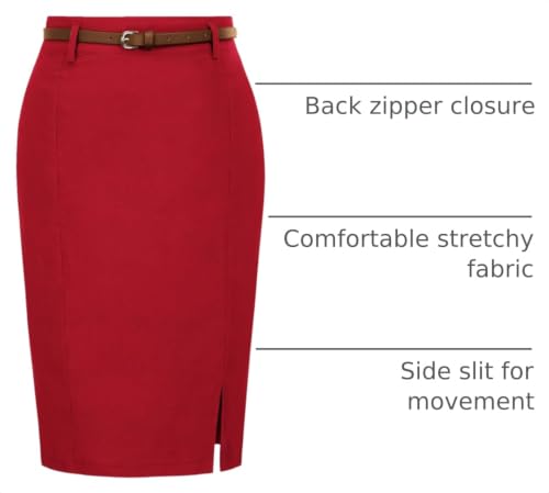Image of Kate Kasin Women Pencil High Waist Knee Length Bodycon Skirt with Belt