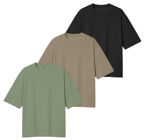 Kit 3 Camisa Camisetas Algodão Egipcio Oversized Básico (BR, Alfa, M, Regular, Preto/Verde/Bege)