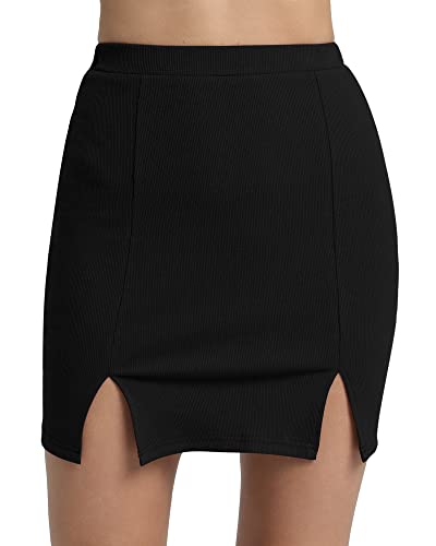 Mangopop Women Ribbed Bodycon Skirt Elastic High Waist Pencil Short Mini Skirt (A Black(Slits), Medium) #TOP27