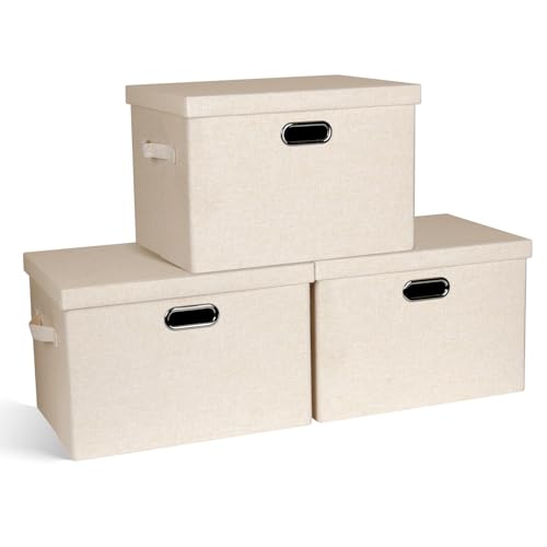 Graciadeco Large 17" 36 Quart Collapsible Stackable Storage Bins with Lids, 3 Packs Light Orange Linen Fabric Closet Boxes with Lids, Storage Cube Baskets Container Organizers for Office (17x12x11)