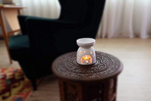 T4U Ceramic Tealight Candle Holder Oil Burner, Essential Oil Incense Aroma Diffuser Furnace Home Decoration Romantic White Set of 2 - Star Patten