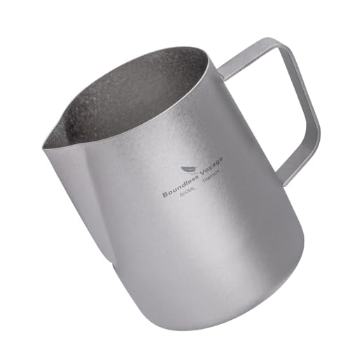 iBasingo 600ml Barista Milk Jug Lightweight Titanium Latte Art Cup with Round Spout, Laser-Welded Handle, Durable Espresso & Coffee Frothing Jug, Espresso Steaming Pitcher (Silver Ti3239D)