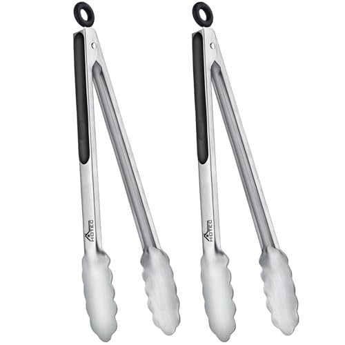 Hotec Stainless Steel Kitchen Tongs, Set of 2-12", Locking Metal Food Tongs for Cooking, Serving, BBQ, Grill Non-Slip Grip