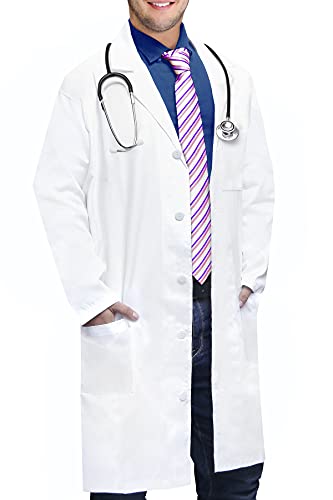 Oakias Cotton Blend Lab Coat Men Large – Long Sleeve Professional Lab Coat – 3 Pockets Doctor Coat – White