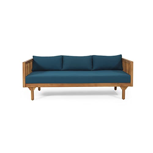 roomfitters Outdoor Wooden Sofa with Weather-Resistant Cushions, Sturdy Acacia Wood Patio Seating for Modern Garden Relaxation, Blue