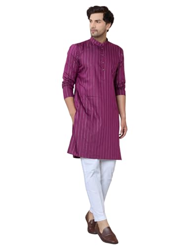 See Designs Men's Full Sleeve Mandarin Collar Purple Thread Work Straight Kurta - SDKT2650S Deal