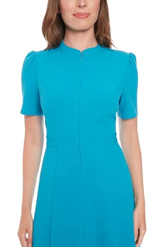 London Times Women's Dresses Women's Mock Neck Short Puff Sleeve Fit and Flare - Professional Work Dress - Wedding Guest Cocktail Dress, Barrier Reef, 84