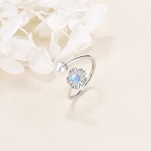 Moonstone Jewelry 925 Sterling Silver Heart Layered Necklaces With Moonstone Flower Adjustable Ring With Pearl Fairy Moonstone Gift For Women Girl #TOP23