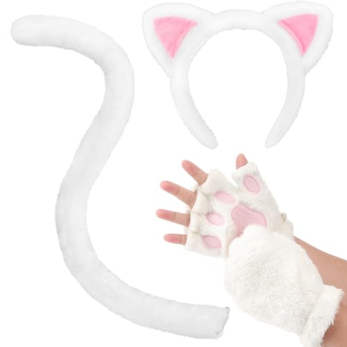 DRESHOW Diadema com orelhas de gato luvas com pernas e cauda conjunto de disfarces para mulheres e meninas disfarce de gato para Halloween acessórios para festas de disfarces